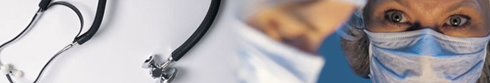 This is a picture of a stethoscope with a masked, female nurse and a male doctor in the background.